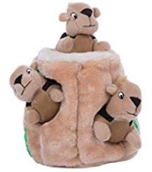 Outward Hound's mental stimulation toys for dogs with squirrels in a log