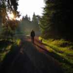 man on decompression walk with dog in woods