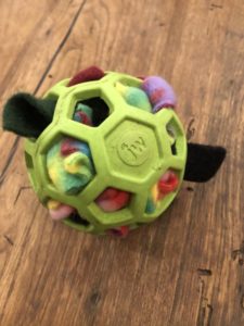 ball stuffed with fabric strips (a DIY dog enrichment idea)