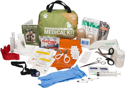 hiking first aid kit for dogs with contents spread out