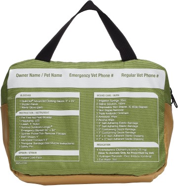 Back side of dog first aid kit listing contents