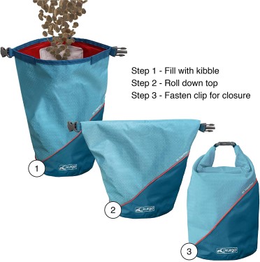 Blue Kurgo dog kibble carrier showing food being put in and top folded down to secure