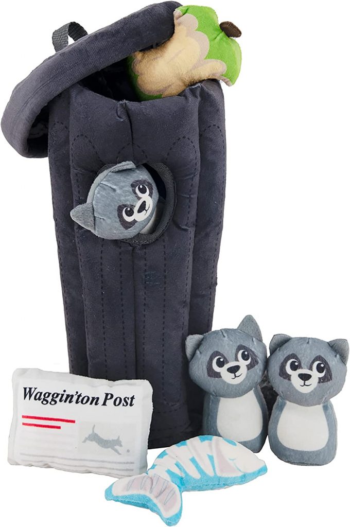racoons in garbage can mentally stimulating dog toy