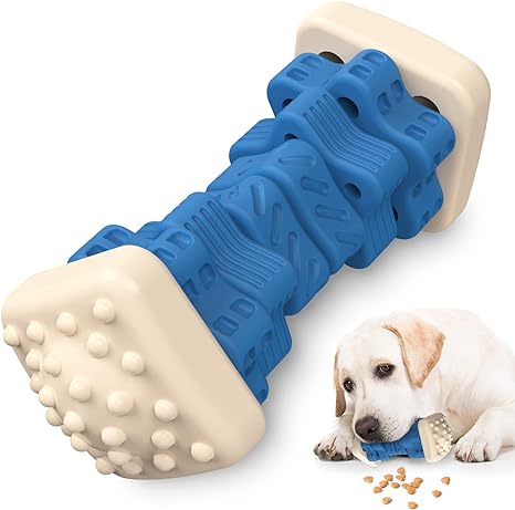 Rubber dog bone mental stimulation toy for dogs, rotating rubber pieces around middle of bone have ridges to put peanut better or dog toothpaste in